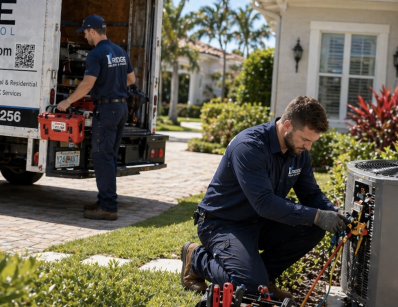 Ridge Cool AC technician repairing an outdoor AC unit