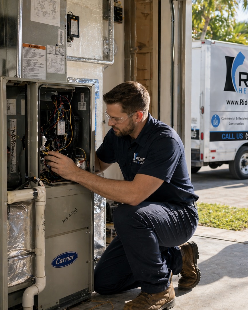 Ridge Cool AC technician performing maintenance on an air handler